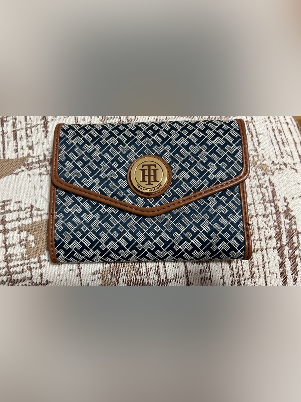 Tommy Hilfiger Navy Geometric Trifold Wallet with Brown Trim